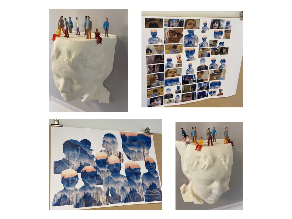 examples of images showing pupils overlaid onto topography and then a sculpture version created for Brand New World project