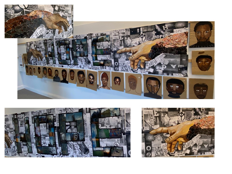 various artwork in a collage style showing hands, the word Hope and portraits created for Brand New World project