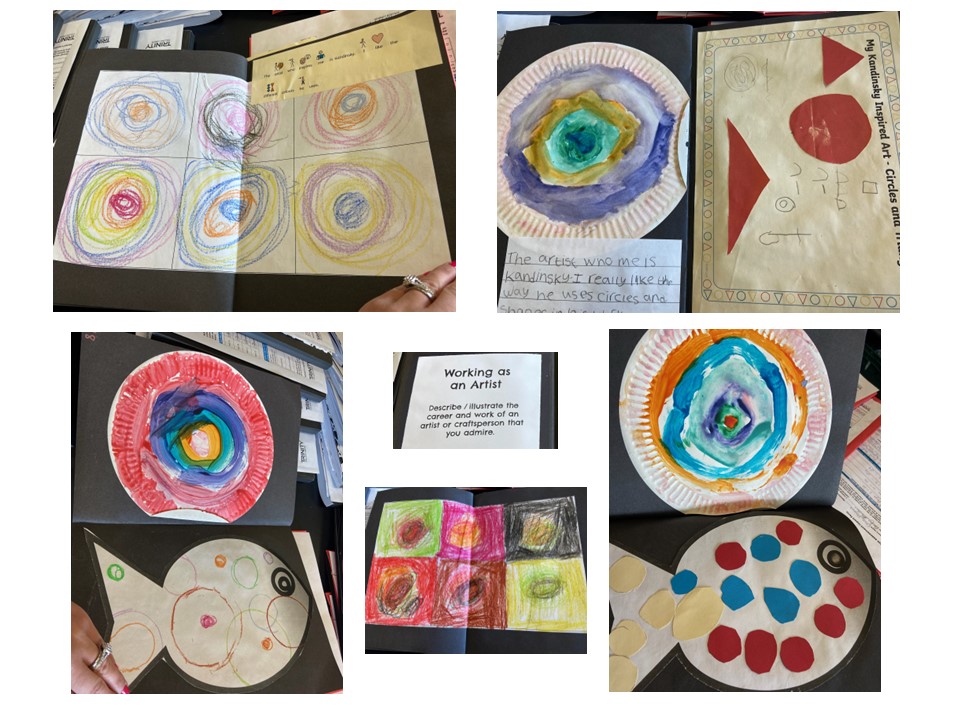 various artworks created by pupils, mainly circles in the style of Kandinsky
