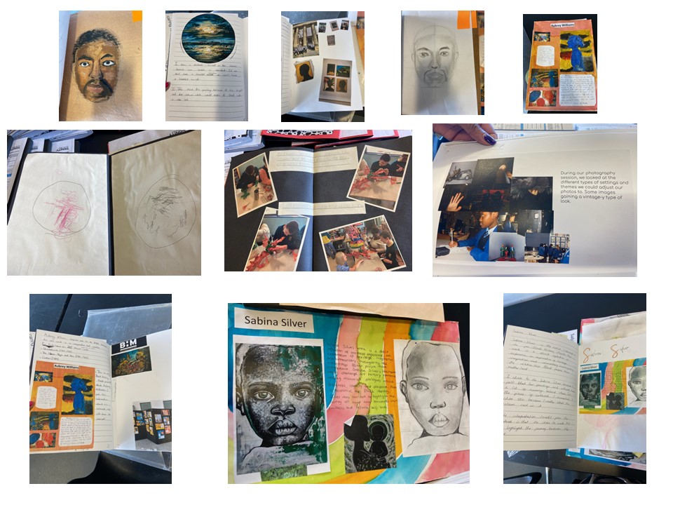 various artworks created by pupils, mainly portraits