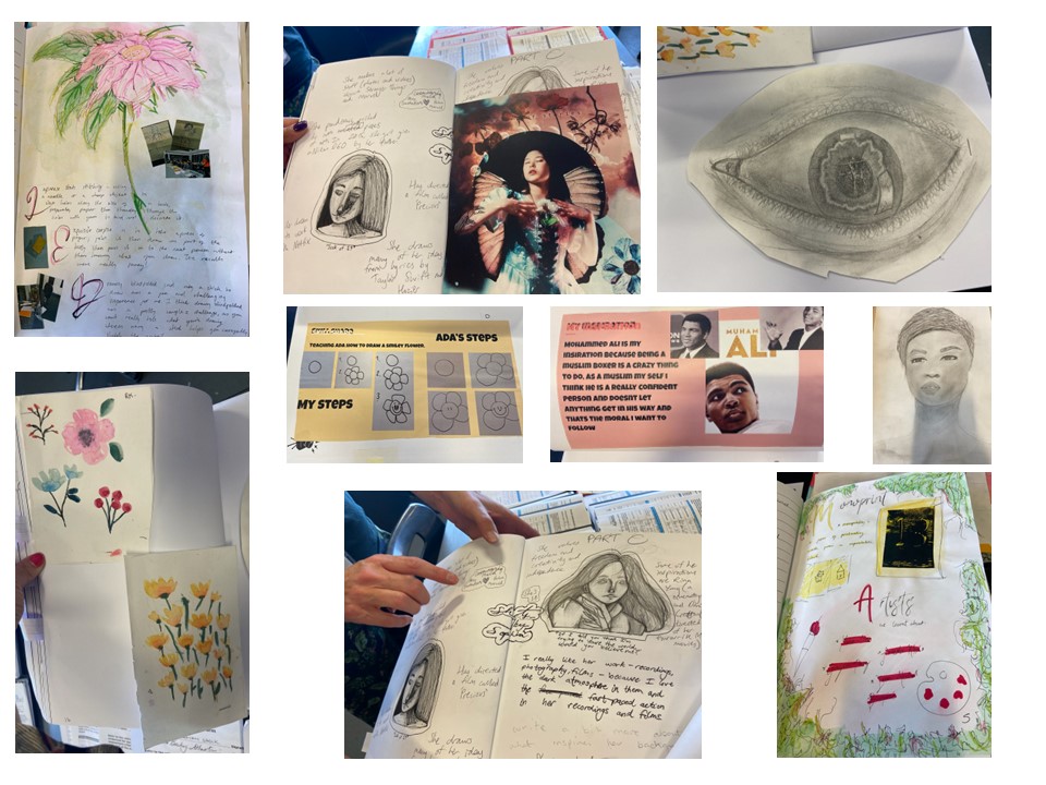 various artworks created by pupils- mainly drawn including flowers, eyes and portraits