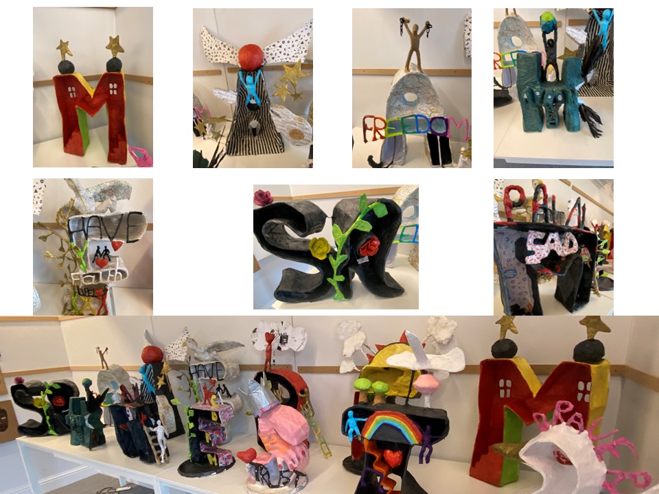 examples of colourful sculptures created by pupils for Brand New World project