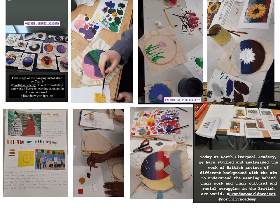 social media posts showing pupils creating mixed media artwork for Brand New World project
