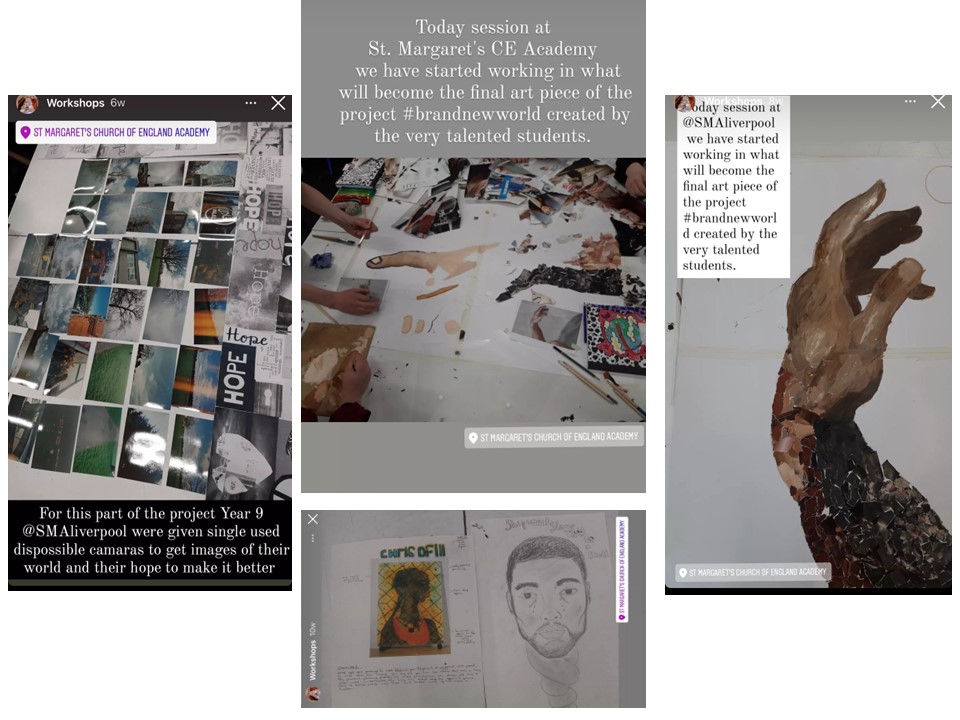 social media posts showing artwork by secondary students focusing on human form and portraits created for Brand New World project