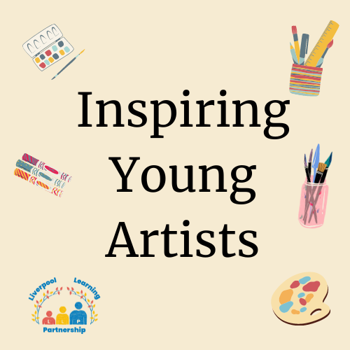 Inspiring Young Artists logo Inspiring Young Artists with the text surrounded by pictures of art materials such as pencils, pens and paintbrushes