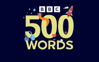 BBC 500 Words with images of headphones, flowers, rockets and imaginary worm creatures
