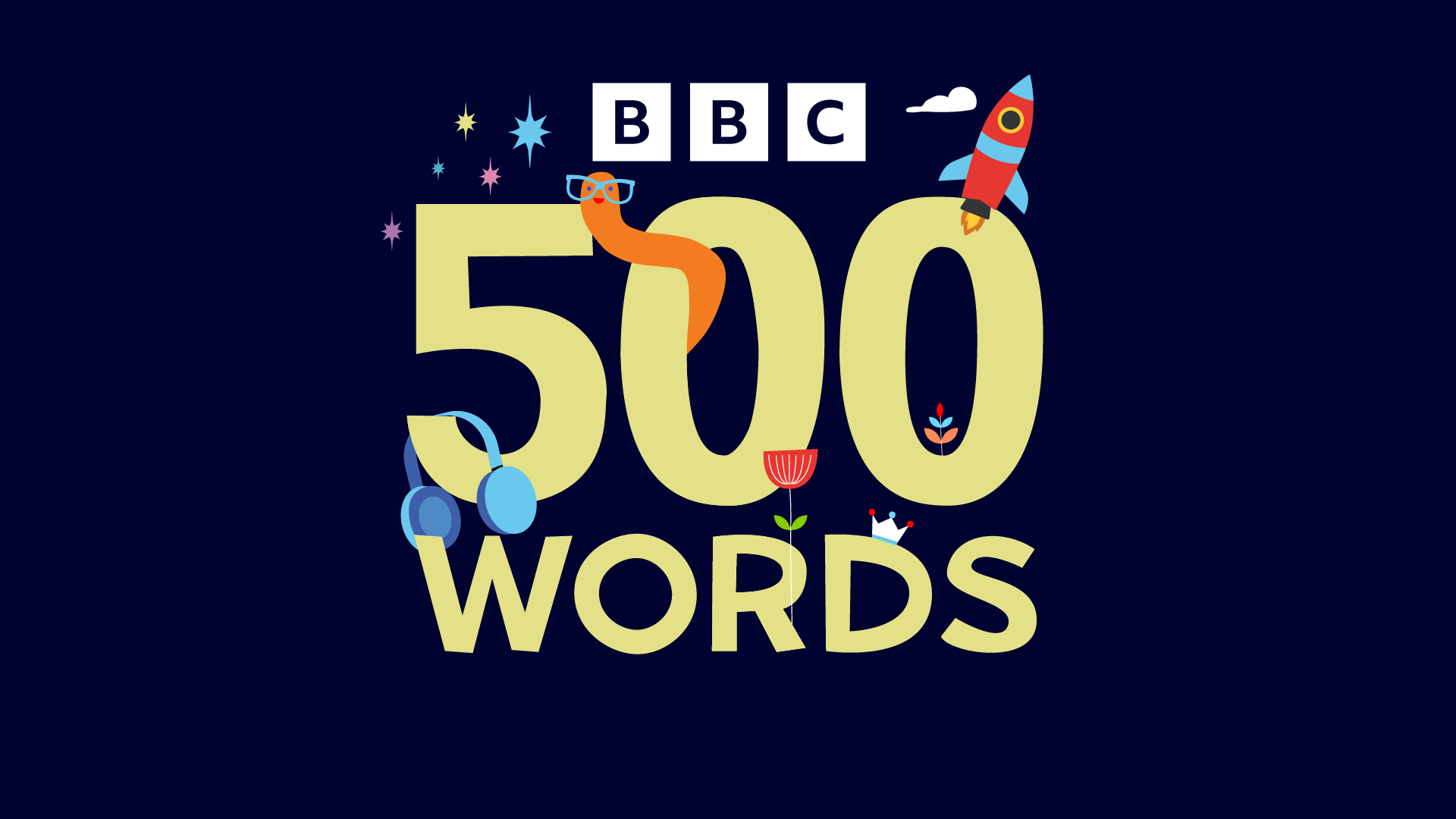 BBC 500 Words with images of headphones, flowers, rockets and imaginary worm creatures