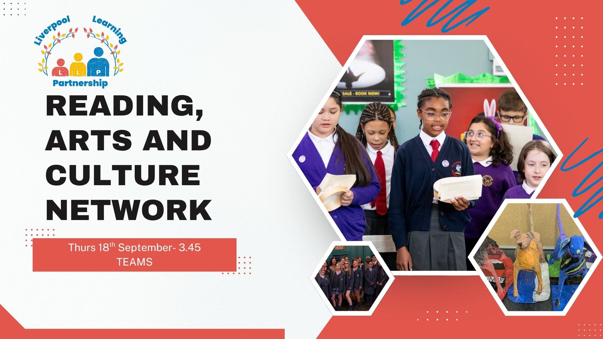 Reading Arts and Culture Network. On the right hand side are hexagons featuring photos of arts projects- a group of secondary pupils at a debate event, a group of primary pupils performing and sculptures of dogs